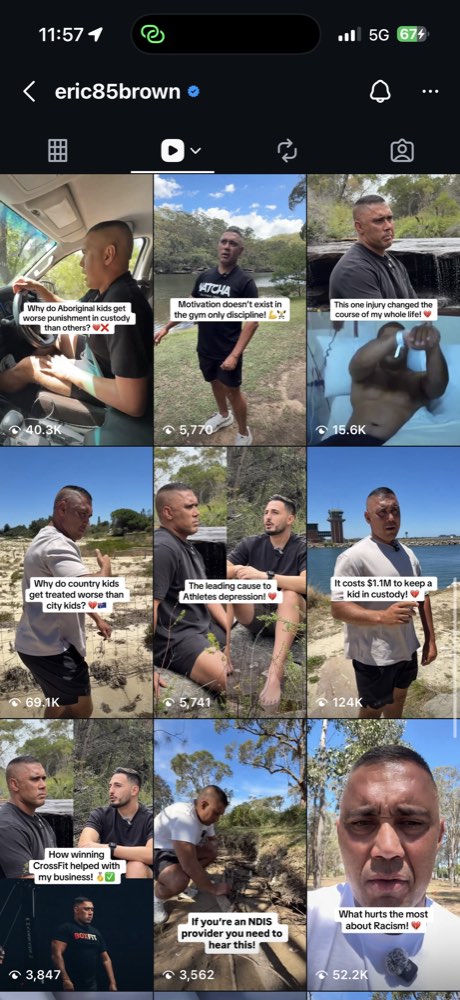 Profile grid showing videos with view counts up to 124,000